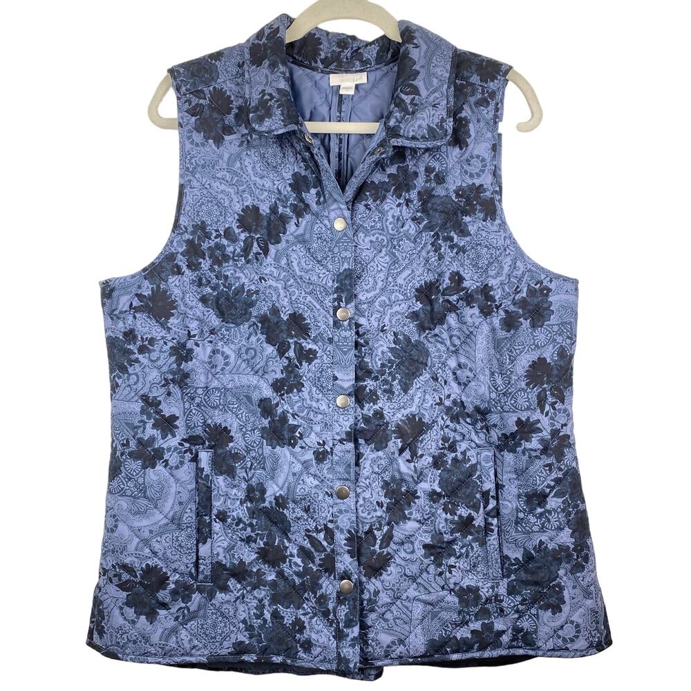 J. JILL Quilted Floral Paisley Vest Snap Button Casual Blue Women's Size L